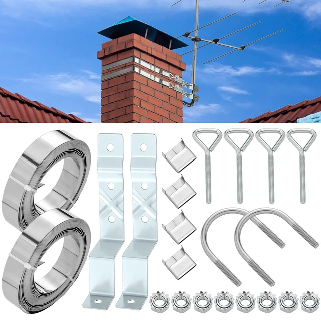 Main image of Z-Type Chimney Antenna Mounting Kit, 12 ft Straps Bolts and Clamps Adjustable Heavy Duty Galvanized Steel Straps & Hardware, Through The Roof Chimney Kit up to 12 Feet in Diameter, TV Antenna