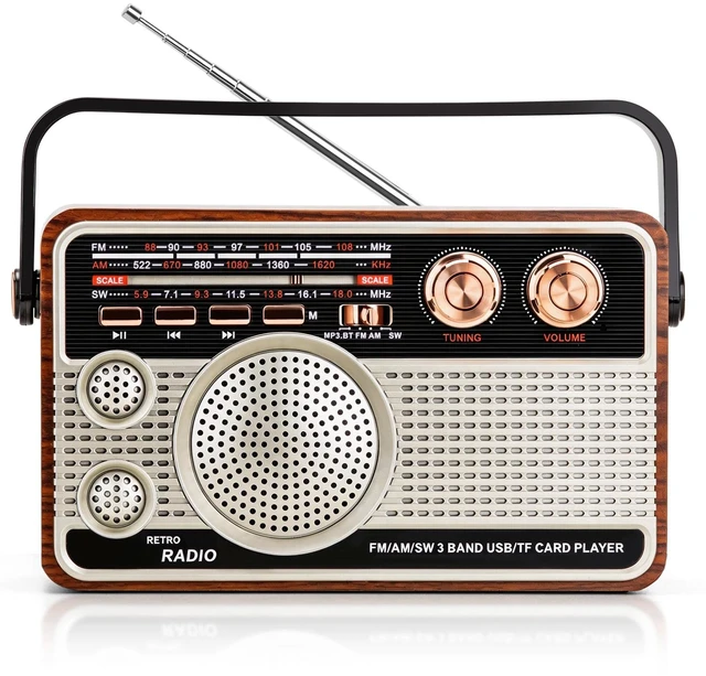 Main image of Portable Radio AM FM SW, Vintage Radio for Home Outdoor Elder Gift Retro Transistor Radios with Bluetooth, USB/TF/AUX Card Playback, Plug in Wall or Rechargeable Battery Powered