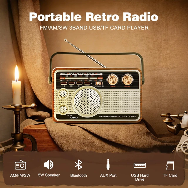 Alt view image 2 of 7 - Portable Radio AM FM SW, Vintage Radio for Home Outdoor Elder Gift Retro Transistor Radios with Bluetooth, USB/TF/AUX Card Playback, Plug in Wall or Rechargeable Battery Powered