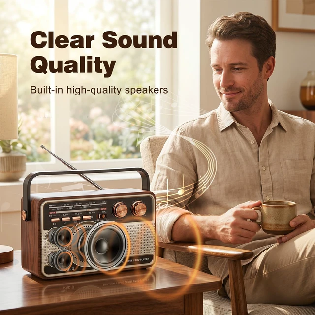 Alt view image 4 of 7 - Portable Radio AM FM SW, Vintage Radio for Home Outdoor Elder Gift Retro Transistor Radios with Bluetooth, USB/TF/AUX Card Playback, Plug in Wall or Rechargeable Battery Powered