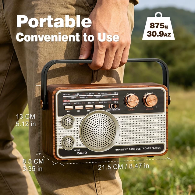 Alt view image 7 of 7 - Portable Radio AM FM SW, Vintage Radio for Home Outdoor Elder Gift Retro Transistor Radios with Bluetooth, USB/TF/AUX Card Playback, Plug in Wall or Rechargeable Battery Powered