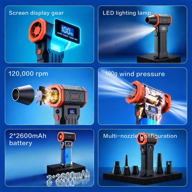 Alt view image 3 of 7 - Compressed Air Duster120000RPM Super Powered Electric Air Duster,4 Gear Adjustable Mini Turbo Blower LED Light,Rechargeable Cordless Dusters for Home Car Outdoor PC Computer Keyboard