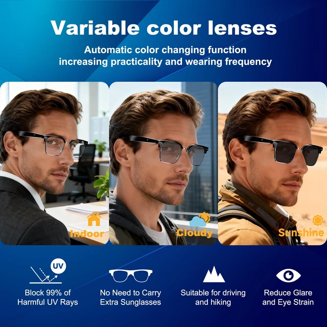 Alt view image 3 of 7 - AI Smart Glasses, Translation Glasses with Chat GPT and 164 Languages Bluetooth Glasses with Photochromic Lens, Music Playback & Hands-Free Calls, UV & Blue Light Protection for Women and Men