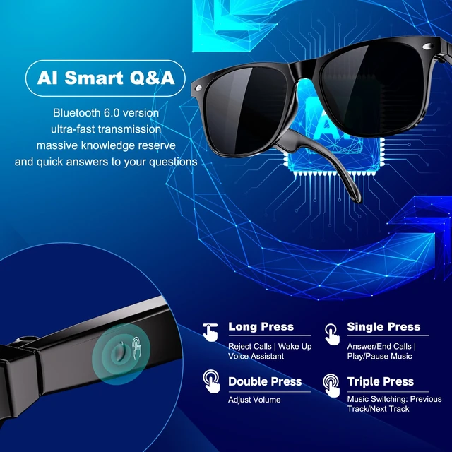 Alt view image 5 of 7 - AI Smart Glasses, Translation Glasses with Chat GPT and 164 Languages Sunglasses with Polarized Lens, Music Playback & Hands-Free Calls, UV & Blue Light Protection for Women and Men