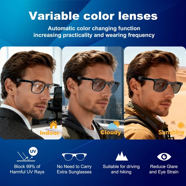 Alt view image 3 of 7 - AI Smart Glasses, Translation Glasses with Chat GPT and 164 Languages Bluetooth Glasses with Photochromic Lens, Music Playback & Hands-Free Calls, UV & Blue Light Protection for Women and Men