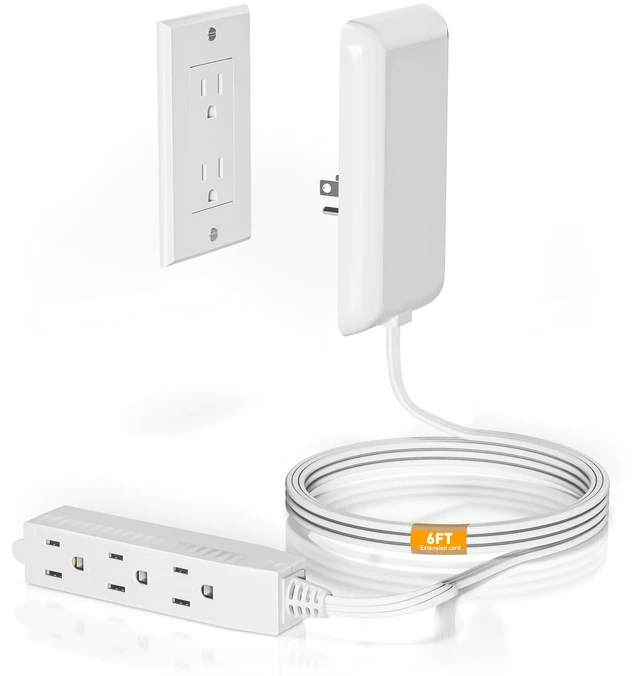 Main image of 6FT Flat Plug Extension Cord with Outlet Cover, 3 Prong Power Strip 13A 125V 1625W, ETL Listed, Detachable Ultra-Thin Outlet Cover, White - Ideal for Home, Office, Living Room, Bedroom