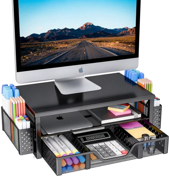 Main image of Desk Organizer and Accessories, Monitor Stand Riser, Black 2-Tier Laptop Stand with Drawer and 2 Pen Holders, Office Desk Accessories for Office Supplies, 16"W x 10"D x 5.8"H
