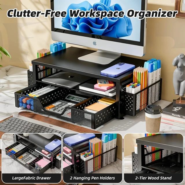Alt view image 3 of 7 - Desk Organizer and Accessories, Monitor Stand Riser, Black 2-Tier Laptop Stand with Drawer and 2 Pen Holders, Office Desk Accessories for Office Supplies, 16"W x 10"D x 5.8"H