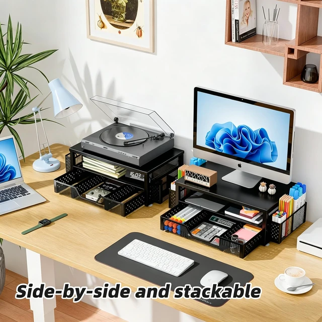 Alt view image 5 of 7 - Desk Organizer and Accessories, Monitor Stand Riser, Black 2-Tier Laptop Stand with Drawer and 2 Pen Holders, Office Desk Accessories for Office Supplies, 16"W x 10"D x 5.8"H