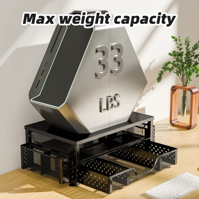 Alt view image 6 of 7 - Desk Organizer and Accessories, Monitor Stand Riser, Black 2-Tier Laptop Stand with Drawer and 2 Pen Holders, Office Desk Accessories for Office Supplies, 16"W x 10"D x 5.8"H