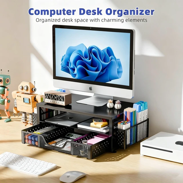 Alt view image 7 of 7 - Desk Organizer and Accessories, Monitor Stand Riser, Black 2-Tier Laptop Stand with Drawer and 2 Pen Holders, Office Desk Accessories for Office Supplies, 16"W x 10"D x 5.8"H