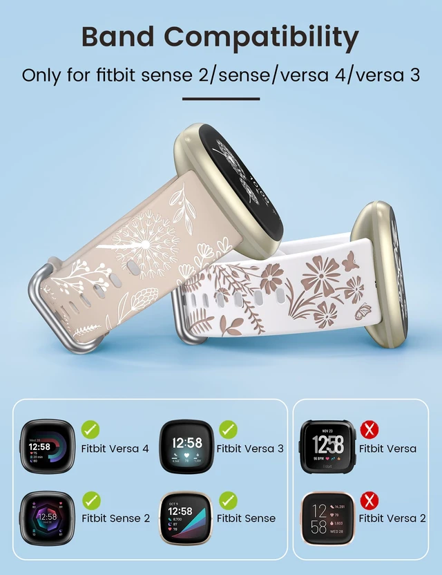 Alt view image 3 of 6 - 2 Packs Floral Engraved Band Compatible with Fitbit Versa 4 Bands Versa 3 4 Bands/Sense 2/Sense Bands Women, Cute Two-Tone Flower Soft Silicone Sport Strap for Versa 3 4 Sense 2 Watch Band