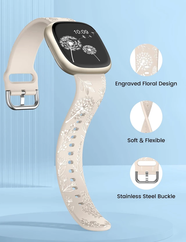 Alt view image 4 of 6 - 2 Packs Floral Engraved Band Compatible with Fitbit Versa 4 Bands Versa 3 4 Bands/Sense 2/Sense Bands Women, Cute Two-Tone Flower Soft Silicone Sport Strap for Versa 3 4 Sense 2 Watch Band