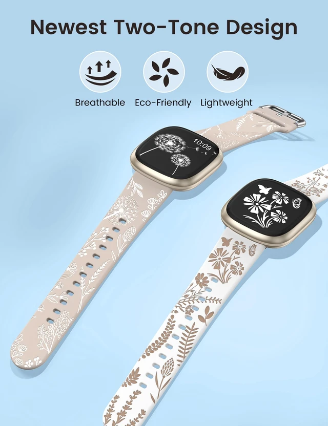 Alt view image 2 of 6 - 2 Packs Floral Engraved Band Compatible with Fitbit Versa 4 Bands Versa 3 4 Bands/Sense 2/Sense Bands Women, Cute Two-Tone Flower Soft Silicone Sport Strap for Versa 3 4 Sense 2 Watch Band