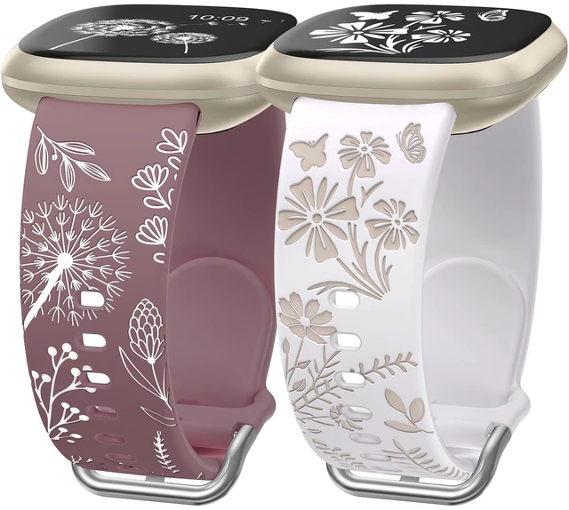 Main image of 2 Packs Floral Engraved Band Compatible with Fitbit Versa 4 Bands Versa 3 4 Bands/Sense 2/Sense Bands Women, Cute Two-Tone Flower Soft Silicone Sport Strap for Versa 3 4 Sense 2 Watch Band