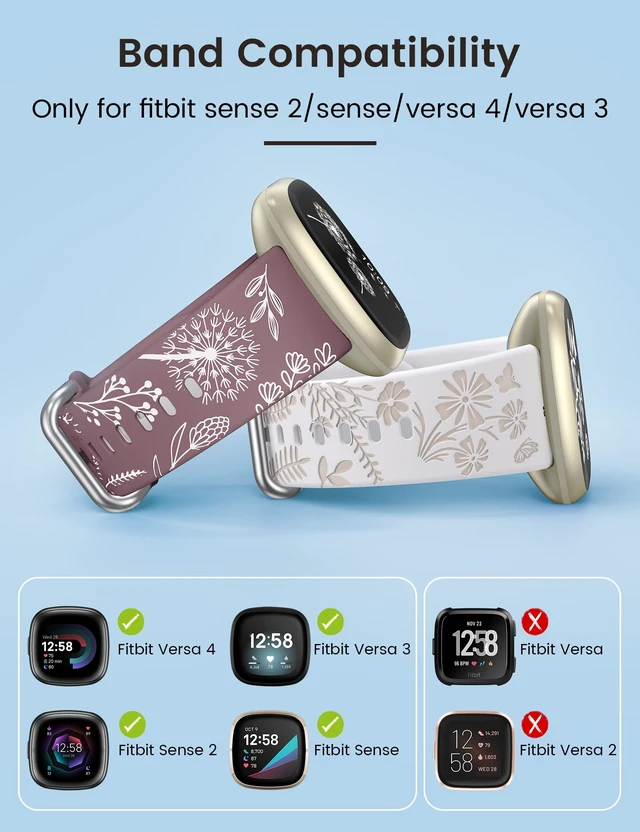 Alt view image 2 of 6 - 2 Packs Floral Engraved Band Compatible with Fitbit Versa 4 Bands Versa 3 4 Bands/Sense 2/Sense Bands Women, Cute Two-Tone Flower Soft Silicone Sport Strap for Versa 3 4 Sense 2 Watch Band