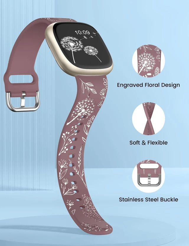 Alt view image 4 of 6 - 2 Packs Floral Engraved Band Compatible with Fitbit Versa 4 Bands Versa 3 4 Bands/Sense 2/Sense Bands Women, Cute Two-Tone Flower Soft Silicone Sport Strap for Versa 3 4 Sense 2 Watch Band