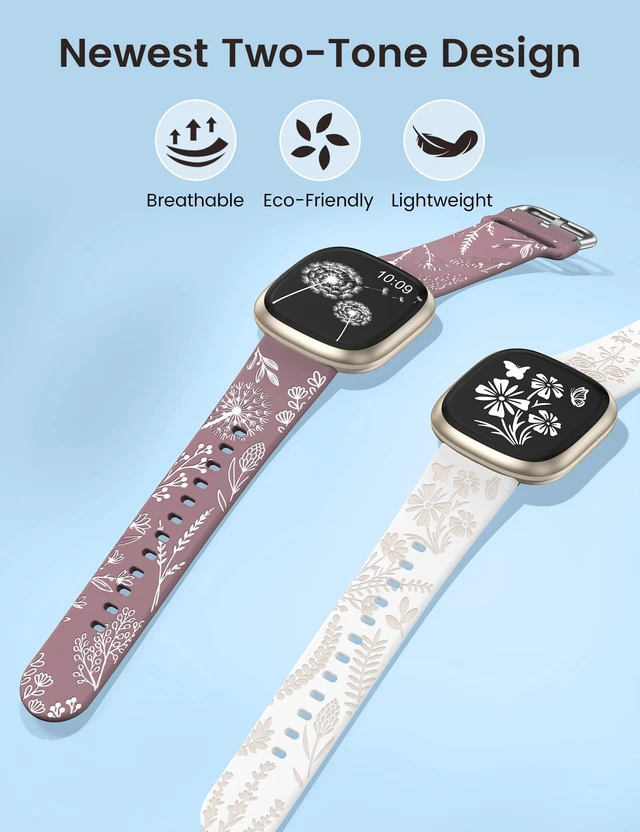 Alt view image 3 of 6 - 2 Packs Floral Engraved Band Compatible with Fitbit Versa 4 Bands Versa 3 4 Bands/Sense 2/Sense Bands Women, Cute Two-Tone Flower Soft Silicone Sport Strap for Versa 3 4 Sense 2 Watch Band