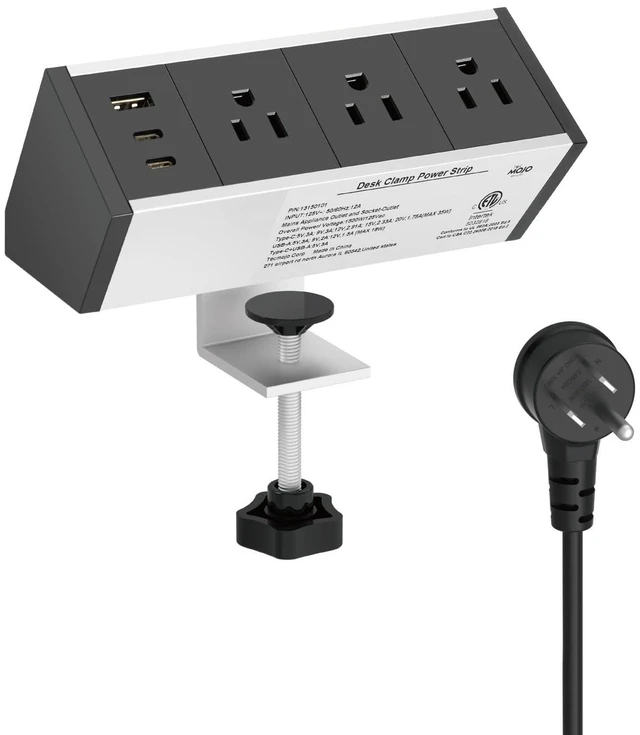 Main image of Desk Clamp Power Strip 3 Outlet with 1 USB A and 2 USB C Ports, 6 ft Cord, Desk Outlet Station Fit 1.6" Tabletop Edge, ETL Listed, Black(SKU# 13150101)