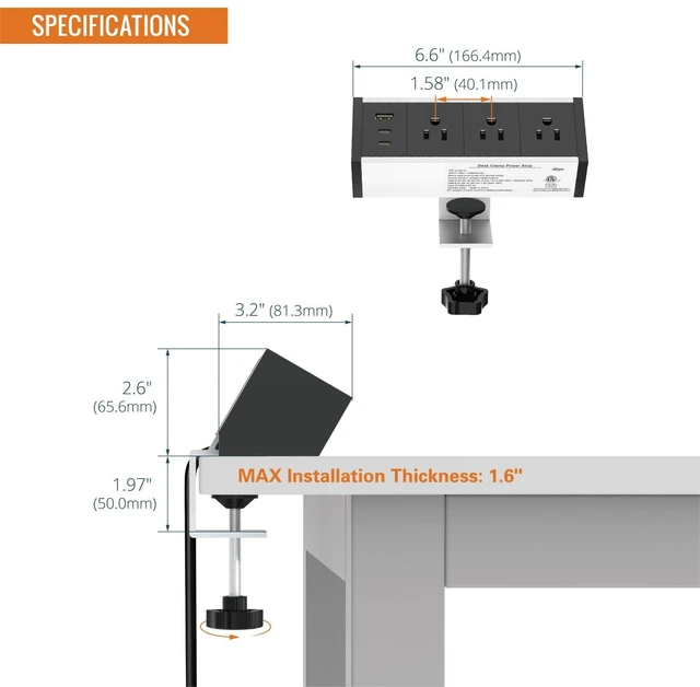 Alt view image 2 of 6 - Desk Clamp Power Strip 3 Outlet with 1 USB A and 2 USB C Ports, 6 ft Cord, Desk Outlet Station Fit 1.6" Tabletop Edge, ETL Listed, Black(SKU# 13150101)