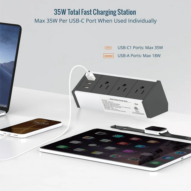 Alt view image 3 of 6 - Desk Clamp Power Strip 3 Outlet with 1 USB A and 2 USB C Ports, 6 ft Cord, Desk Outlet Station Fit 1.6" Tabletop Edge, ETL Listed, Black(SKU# 13150101)