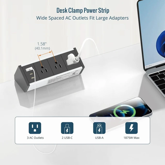 Alt view image 5 of 6 - Desk Clamp Power Strip 3 Outlet with 1 USB A and 2 USB C Ports, 6 ft Cord, Desk Outlet Station Fit 1.6" Tabletop Edge, ETL Listed, Black(SKU# 13150101)