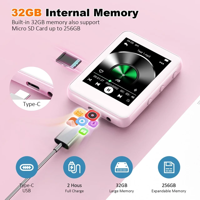 Alt view image 3 of 7 - 32GB MP3 Player with Bluetooth 5.3, Sakura Pink 2.4" Full Touch Screen Music Player with Speaker, HiFi Lossless Sound, FM Radio, Ideal Gift for Girls, Kids, Women, Sports & School