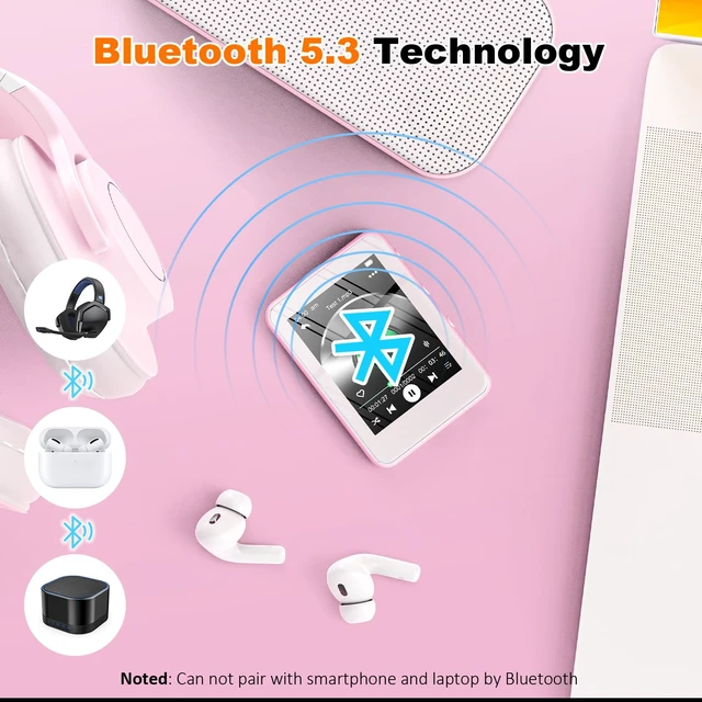 Alt view image 2 of 7 - 32GB MP3 Player with Bluetooth 5.3, Sakura Pink 2.4" Full Touch Screen Music Player with Speaker, HiFi Lossless Sound, FM Radio, Ideal Gift for Girls, Kids, Women, Sports & School