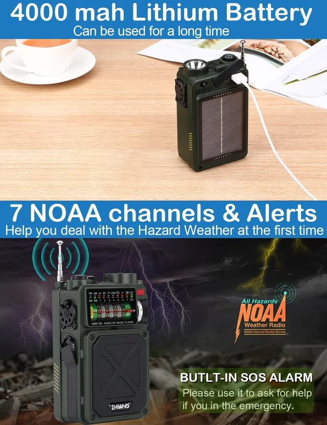 Alt view image 4 of 7 - Shortwave Radio with Bluetooth, AM/FM/SW/WB Emergency Radios with NOAA Alerts, Hand Crank/Solar/4000mAh/White Noise/SOS/Bass/Rechargeable Retro Receiver with Preset, Support USB/TF ZWS-702