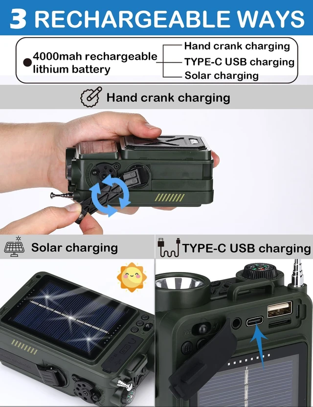 Alt view image 5 of 7 - Shortwave Radio with Bluetooth, AM/FM/SW/WB Emergency Radios with NOAA Alerts, Hand Crank/Solar/4000mAh/White Noise/SOS/Bass/Rechargeable Retro Receiver with Preset, Support USB/TF ZWS-702