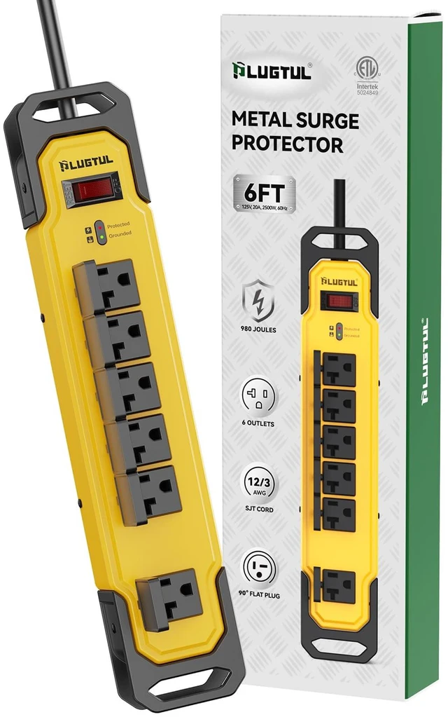 Main image of 20AMP Heavy Duty Surge Protector, Metal Power Strip 6FT NEMA 5-20P to NEMA 5-15/20R, 12/3 AWG, 980Joules, Industrial Wall Mount, ETL Listed