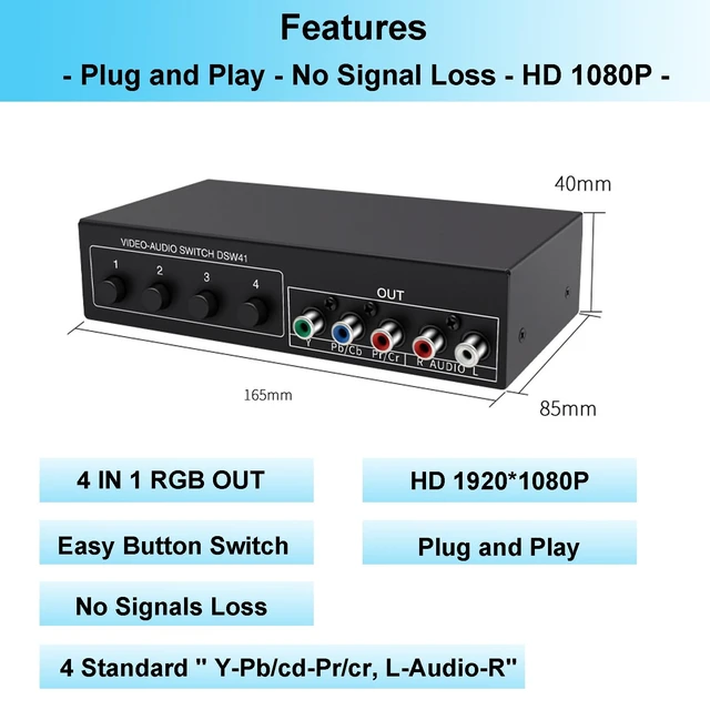 Alt view image 5 of 6 - Component AV Video Switch Box 4 in 1 Out, 1080P, 4 Way Composite Selector RCA YPbPr Composite L/R Audio AV Splitter, RGB Selector Switcher, for Xbox 360 Wii PS3 PS2 PS1 SNES DVD HDTV, Plug & Play