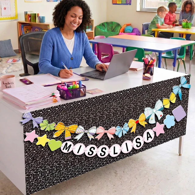 Main image of Composition Notebook Teacher Desk Skirt Sticker with Garland DIY Teacher Desk Wrap, Peel&Stick Black White Table Skirt with Bow Banner, Waterproof Back to School Classroom Decor, 71"x24"