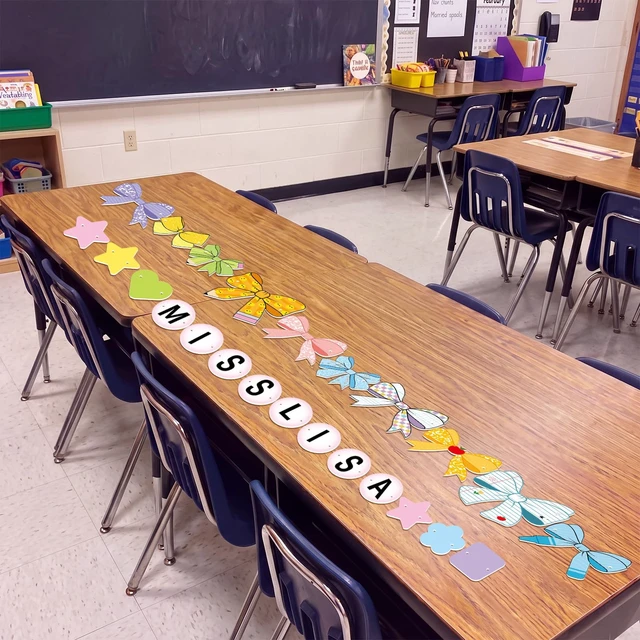 Alt view image 3 of 7 - Composition Notebook Teacher Desk Skirt Sticker with Garland DIY Teacher Desk Wrap, Peel&Stick Black White Table Skirt with Bow Banner, Waterproof Back to School Classroom Decor, 71"x24"