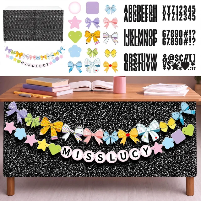 Alt view image 2 of 7 - Composition Notebook Teacher Desk Skirt Sticker with Garland DIY Teacher Desk Wrap, Peel&Stick Black White Table Skirt with Bow Banner, Waterproof Back to School Classroom Decor, 71"x24"