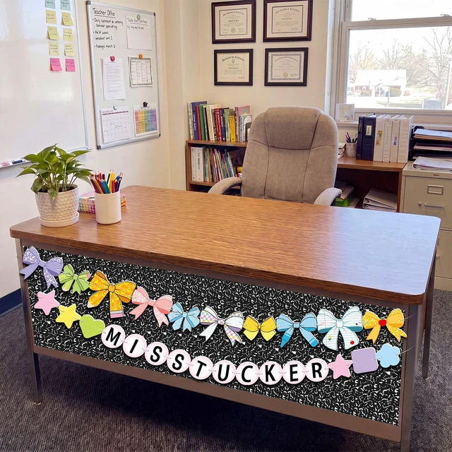 Alt view image 4 of 7 - Composition Notebook Teacher Desk Skirt Sticker with Garland DIY Teacher Desk Wrap, Peel&Stick Black White Table Skirt with Bow Banner, Waterproof Back to School Classroom Decor, 71"x24"