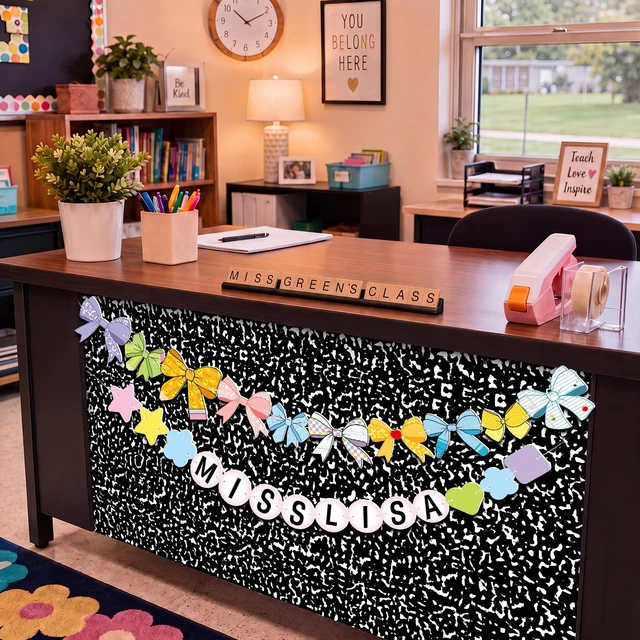 Alt view image 6 of 7 - Composition Notebook Teacher Desk Skirt Sticker with Garland DIY Teacher Desk Wrap, Peel&Stick Black White Table Skirt with Bow Banner, Waterproof Back to School Classroom Decor, 71"x24"