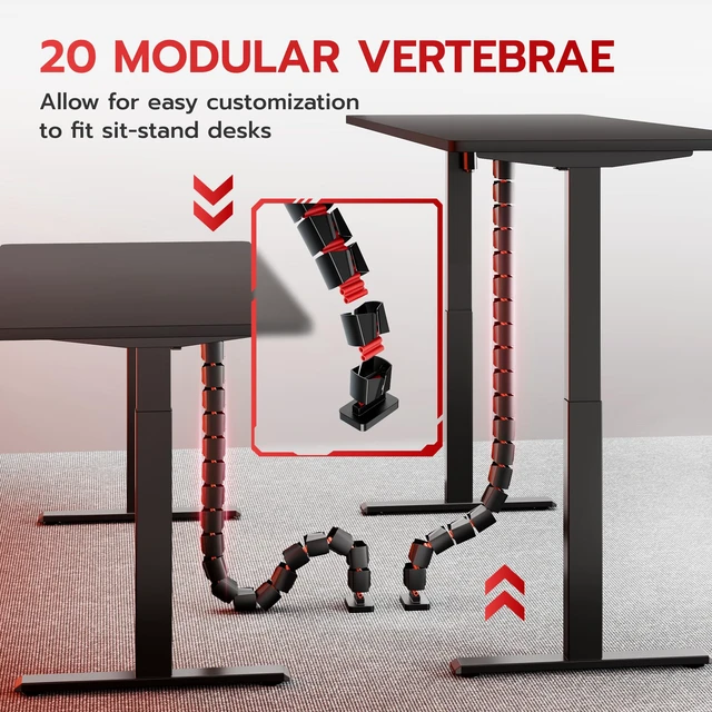 Alt view image 3 of 7 - Under Desk Cable Management Spine, Screw On Vertebrae Cable Management for Standing Desk, Length Adjustable Cord Organizer with 20 Modular for Office and Gaming Desks, Red