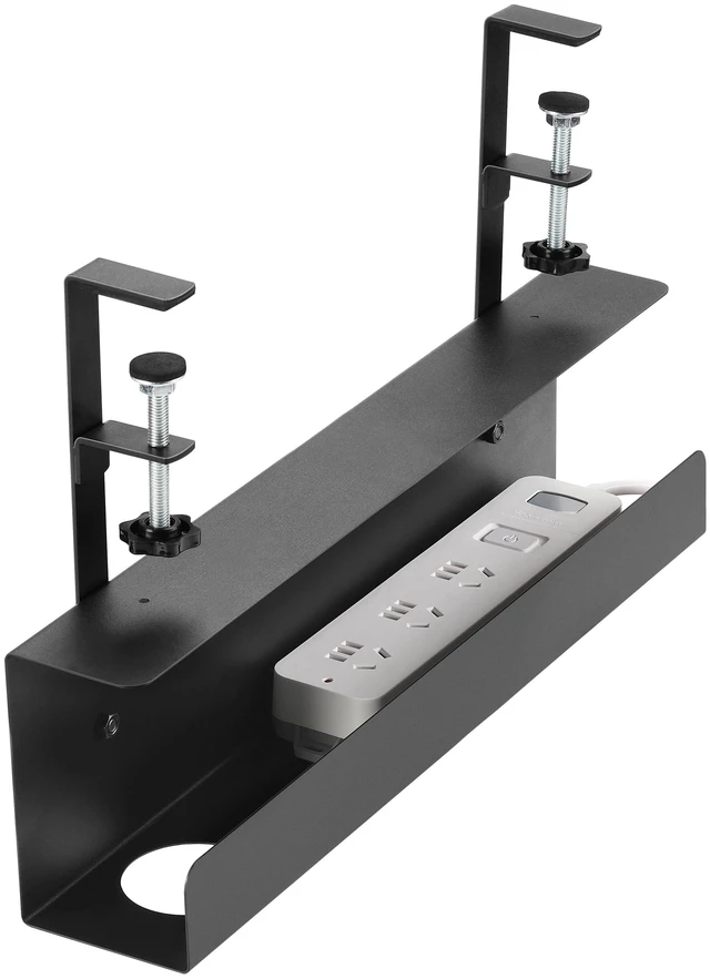Main image of 17in Cable Management Under Desk Tray, 3in W x 4.7in H, Black Clamp-On, No-Drill Wire Tray, Sturdy Steel Rack Holds 11 lbs, Large Power Strip Holder, Cord Hider for Office & Home