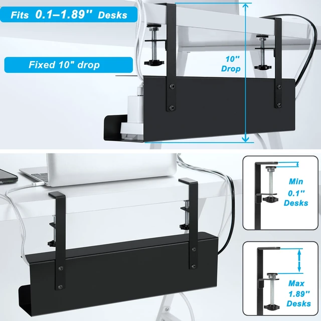 Alt view image 3 of 7 - 17in Cable Management Under Desk Tray, 3in W x 4.7in H, Black Clamp-On, No-Drill Wire Tray, Sturdy Steel Rack Holds 11 lbs, Large Power Strip Holder, Cord Hider for Office & Home