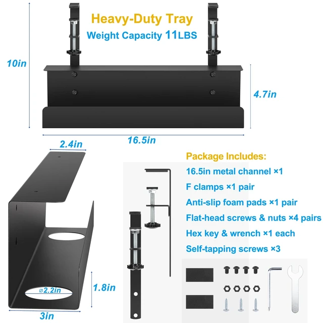 Alt view image 4 of 7 - 17in Cable Management Under Desk Tray, 3in W x 4.7in H, Black Clamp-On, No-Drill Wire Tray, Sturdy Steel Rack Holds 11 lbs, Large Power Strip Holder, Cord Hider for Office & Home