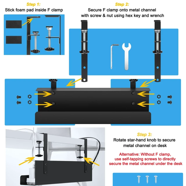 Alt view image 6 of 7 - 17in Cable Management Under Desk Tray, 3in W x 4.7in H, Black Clamp-On, No-Drill Wire Tray, Sturdy Steel Rack Holds 11 lbs, Large Power Strip Holder, Cord Hider for Office & Home