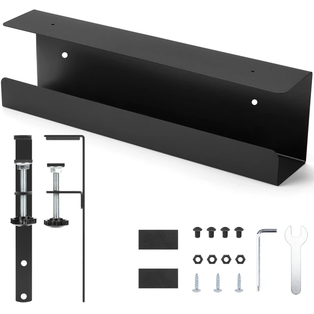 Alt view image 7 of 7 - 17in Cable Management Under Desk Tray, 3in W x 4.7in H, Black Clamp-On, No-Drill Wire Tray, Sturdy Steel Rack Holds 11 lbs, Large Power Strip Holder, Cord Hider for Office & Home