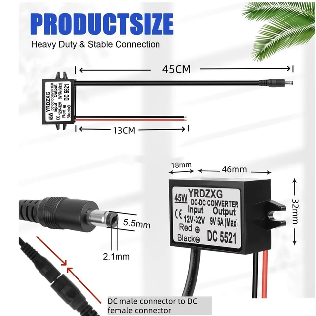 Alt view image 5 of 7 - DC 9V Universal Power Adapter 12V 24V to 9V 5A 45W DC Male Plug 5.5mm x 2.1mm widely Compatible with routers, humidifiers, scanners, Speakers