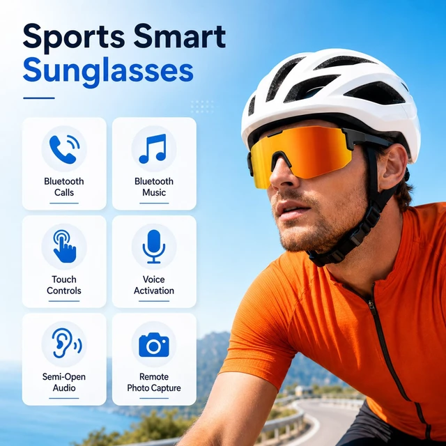Alt view image 2 of 7 - Bluetooth Audio Smart Sports Sunglasses for Cycling Running Driving Fishing, Open-Ear Music, Hands-Free Calls, Touch Control, Voice Wake-Up and Remote Camera Control