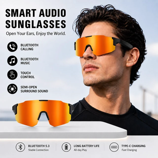 Alt view image 3 of 7 - Bluetooth Audio Smart Sports Sunglasses for Cycling Running Driving Fishing, Open-Ear Music, Hands-Free Calls, Touch Control, Voice Wake-Up and Remote Camera Control