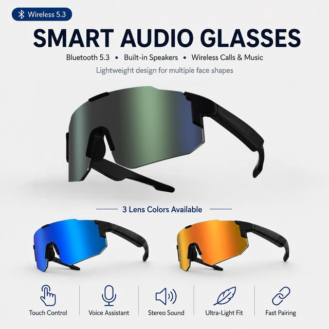 Alt view image 6 of 7 - Bluetooth Audio Smart Sports Sunglasses for Cycling Running Driving Fishing, Open-Ear Music, Hands-Free Calls, Touch Control, Voice Wake-Up and Remote Camera Control