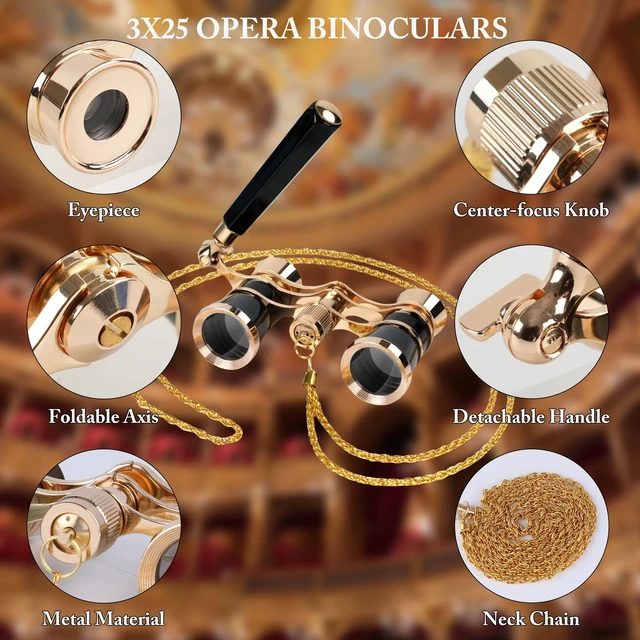 Alt view image 3 of 6 - 3X25 Opera Glasses with Neck Chain & Extendable Handle Pocket Theater Binoculars for Live Performances, Crisp 25mm Lenses for Concerts, Ballet & Musicals, Compact for Adults, Women & Kids Black