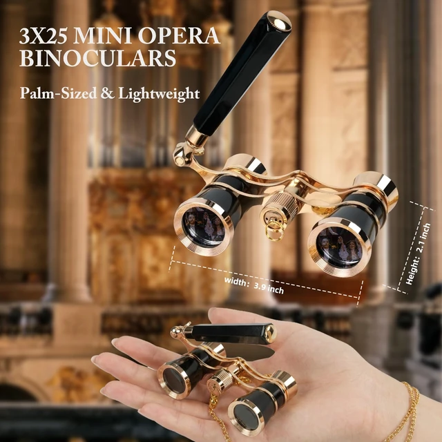 Alt view image 4 of 6 - 3X25 Opera Glasses with Neck Chain & Extendable Handle Pocket Theater Binoculars for Live Performances, Crisp 25mm Lenses for Concerts, Ballet & Musicals, Compact for Adults, Women & Kids Black