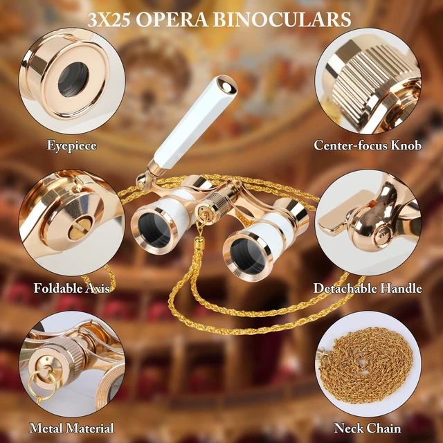 Alt view image 3 of 7 - 3X25 Opera Glasses with Neck Chain & Extendable Handle Pocket Theater Binoculars for Live Performances, Crisp 25mm Lenses for Concerts, Ballet & Musicals, Compact for Adults, Women & Kids White